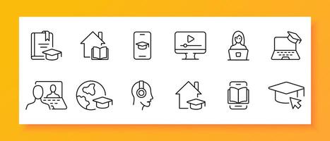 Online learning icon set. Book, video hosting, headphones, online call, smartphone, e-book. Black icon on a white background. Vector line icon for business and advertising