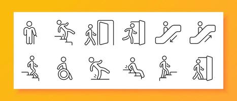 Moving icon set. Steps, cane, escalator, up, down, door, slippery floor, disability. Black icon on a white background. Vector line icon for business and advertising