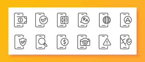 Smartphone icon set. Application, battery, translator, bank, calculator, navigator, search engine, GPS. Black icon on a white background. Vector line icon for business and advertising