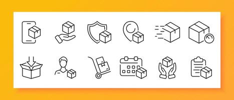 Delivery icon set. Transportation, GPS tag, boxes, loader, smartphone, time, file, list. Black icon on a white background. Vector line icon for business and advertising