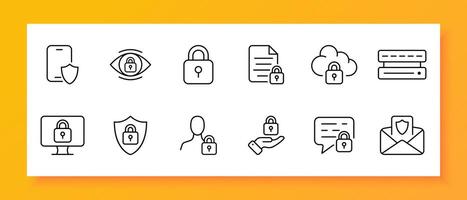 Security icon set. File, lock, shield, monitor, cloud, server, smartphone, hand, message. Black icon on a white background. Vector line icon for business and advertising