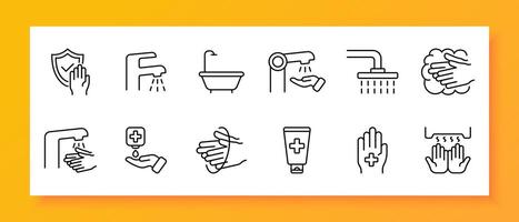 Cleaning icon set. Bath, shower, liquid soap, water, faucet, pipeline, drying, ointment. Black icon on a white background. Vector line icon for business and advertising