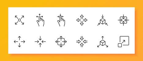 Touch control icon set. Zoom in, zoom out, touchpad, minimize, expand. Black icon on a white background. Vector line icon for business and advertising