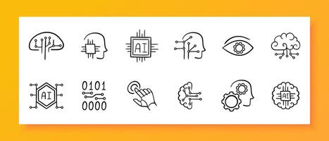 Technologies icon set. Gear, monitor, cloud storage, artificial intelligence, information, neural network, robot. Black icon on a white background. Vector line icon for business and advertising