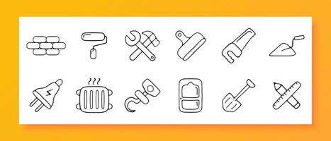 Construction icon set. Bricks, helmet, hammer, key, drawing, cart, ruler, pencil. Black icon on a white background. Vector line icon for business and advertising