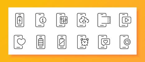 Smartphone icon set. Application, battery, information, settings, cloud storage, clock, notification, dating site. Black icon on a white background. Vector line icon for business and advertising