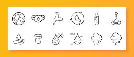 Water icon set. Global warming. climate. planet, liquid, thirst, pipeline, rain, clouds. Black icon on a white background. Vector line icon for business and advertising