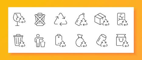 Garbage icon set. Wineglass. fragile goods, recycling, battery, fragments, glass. Black icon on a white background. Vector line icon for business and advertising
