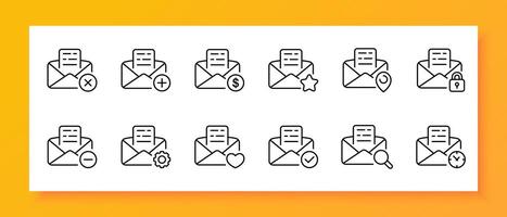 Mail icon set. Cross, plus, dollar, asterisk, favorites, GPS tag, lock, password, minus, gear. Black icon on a white background. Vector line icon for business and advertising