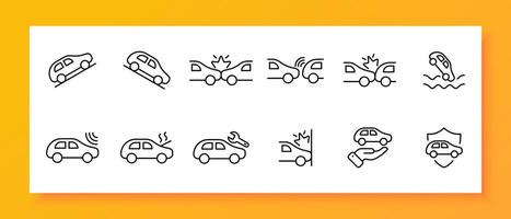 Car accident icon set. Smoke, collision, fire, damage, slope. Black icon on a white background. Vector line icon for business and advertising