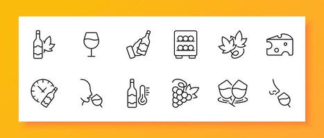 Winemaking icon set. Bottle, grapes, temperature, aging, cheese, snack. Black icon on a white background. Vector line icon for business and advertising