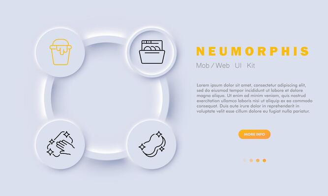 Clean icon set. Hygiene, liquid soap, cream, antiseptic, alcohol, window cleaning, monitor. Neomorphism style. Vector line icon for business and advertising
