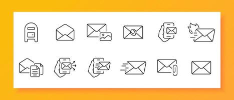 Mail icon set. Cross, plus, dollar, asterisk, favorites, GPS tag, lock, password, minus, gear. Black icon on a white background. Vector line icon for business and advertising