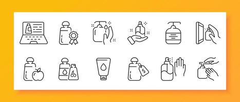 Clean icon set. Hygiene, liquid soap, cream, antiseptic, alcohol, window cleaning, monitor. Black icon on a white background. Vector line icon for business and advertising