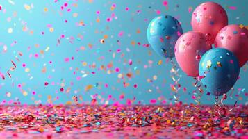 AI generated Colorful Balloons and Confetti on a Blue Background photo