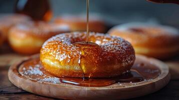 AI generated Donut Being Drizzled With Syrup on Wooden Plate photo