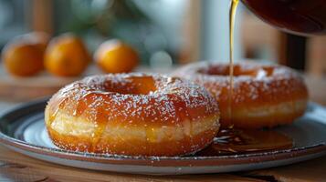 AI generated Donut Being Drizzled With Syrup on Wooden Plate photo