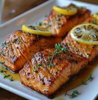 ai generado plato con salmón y limón rebanadas foto