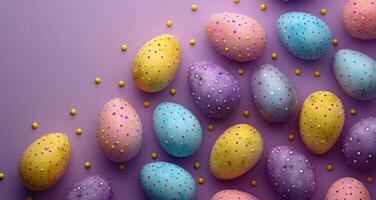 ai generado vistoso pintado huevos en púrpura superficie foto