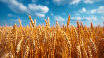 AI generated Wheat Field Under Cloudy Blue Sky photo