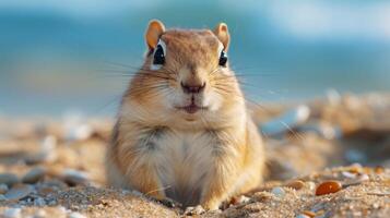 ai generado pequeño roedor en playa mirando a cámara foto