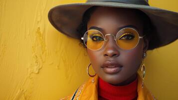 AI generated Woman Wearing Hat, Glasses, and Scarf photo