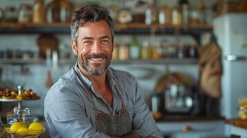 ai generado sonriente hombre con barba en cocina foto