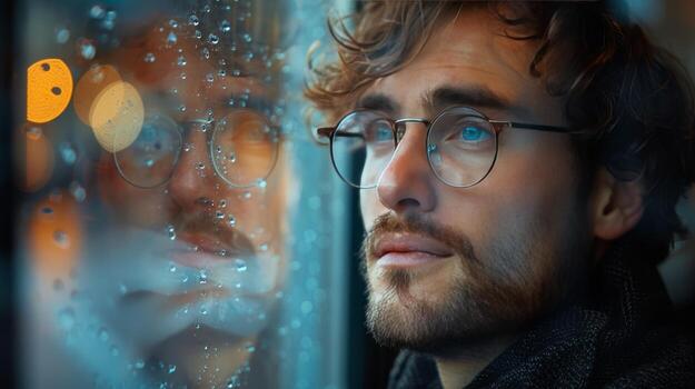 AI generated Man With Glasses Looking Out of a Window photo