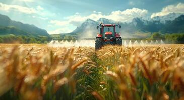 AI generated Red Tractor Driving Through Wheat Field photo