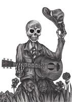 Sugar skull playing guitar day of the dead design by hand drawing on paper. vector