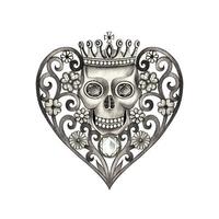 King skull in art vintage heart design by hand drawing on paper. vector