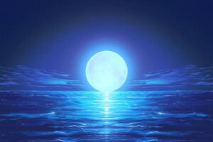 AI generated Tranquil blue moon reflects over water, creating a serene background photo