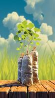 AI generated Economic growth Trees emerging from money bags on farm setting Vertical Mobile Wallpaper photo