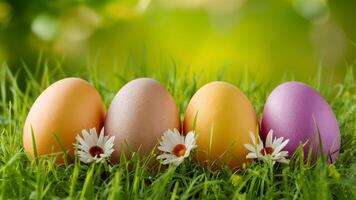 AI generated Top view Easter background with eggs, spring flowers, art photo