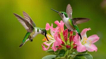 AI generated Two hummingbirds feeding on pink flower with green yellow background photo