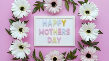 AI generated Capture Happy Mothers Day with pastel candy colors floral flat lay photo