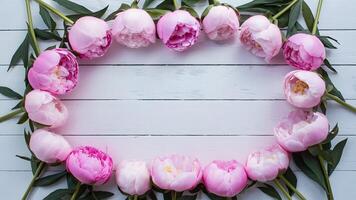 AI generated Frame Stunning pink peonies arranged on white rustic wooden background photo