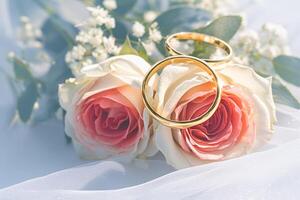 ai generado simbólico amor dorado Boda anillos en blanco y rojo rosas foto