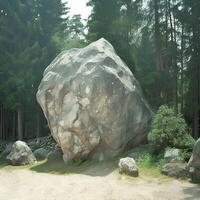 AI generated Solid gray boulder contrasts against green trees in a natural setting For Social Media Post Size photo