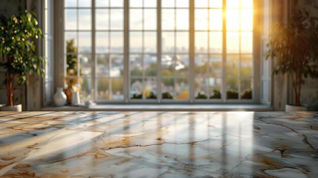 AI generated Marble table in front of an empty room and window photo