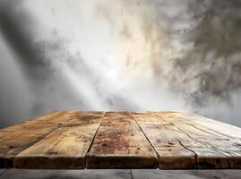 AI generated Empty wooden table blurry light background photo