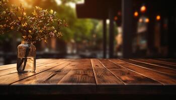 AI generated Wood table in wooden park outdoors background blurred photo