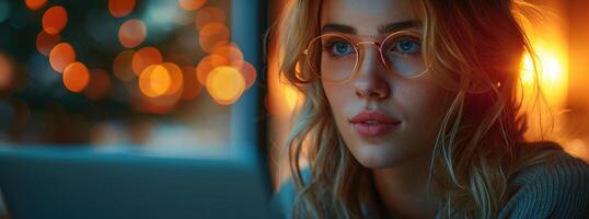 AI generated Beautiful woman working with laptop at desk office background photo