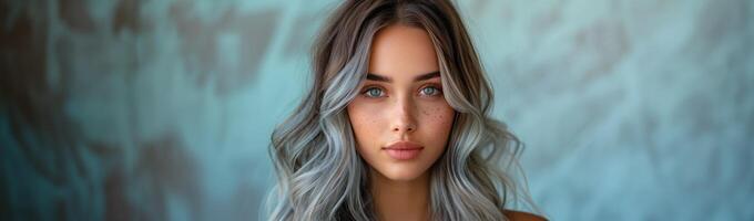 AI generated Beautiful girl model with long coloured hair, in the style of light gray photo