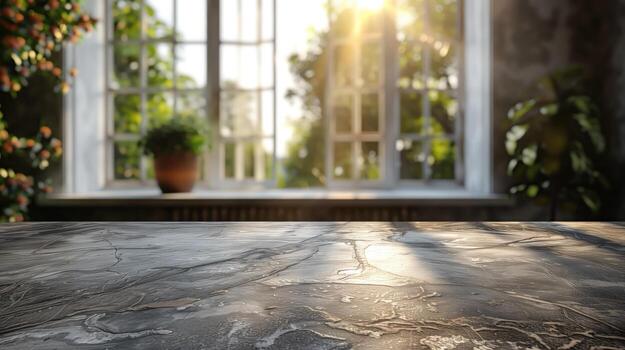 AI generated Marble table in front of an empty room and window photo