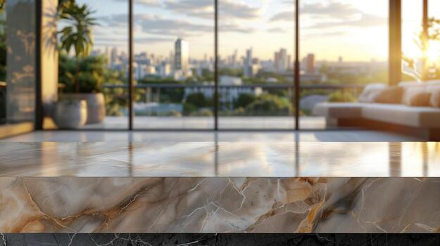 AI generated Marble table in front of an empty room and window photo