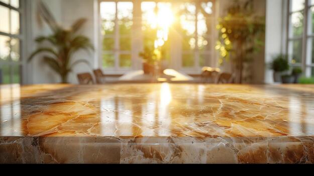 AI generated Marble table in front of an empty room and window photo