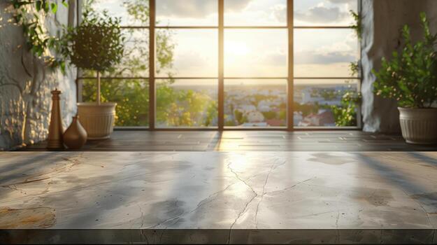 AI generated Marble table in front of an empty room and window photo