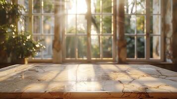 AI generated Marble table in front of an empty room and window photo