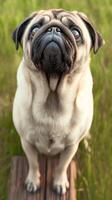 AI generated Senior canine serenity Quality photo of an aged pug outdoors Vertical Mobile Wallpaper